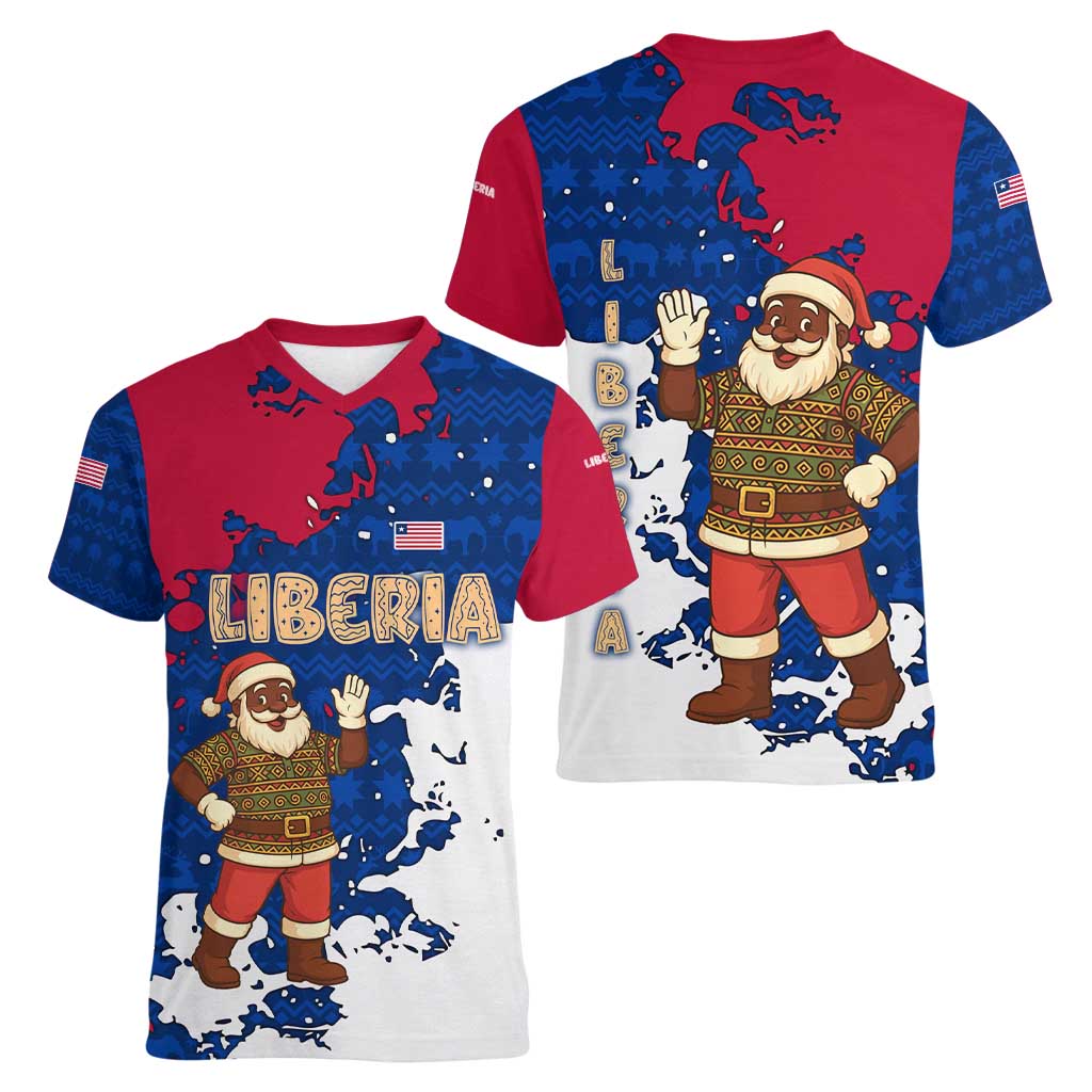 Liberia Christmas Women V-Neck T-Shirt with Santa Claus Map Graphic and Red Blue Festive - Wonder Print Shop