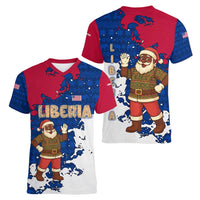 Liberia Christmas Women V-Neck T-Shirt with Santa Claus Map Graphic and Red Blue Festive - Wonder Print Shop