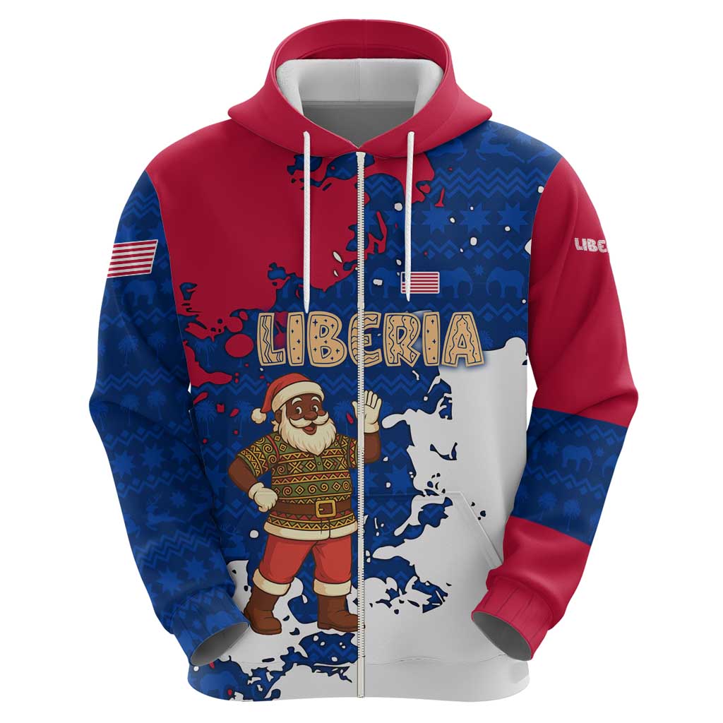 Liberia Christmas Zip Hoodie with Santa Claus Map Graphic and Red Blue Festive - Wonder Print Shop