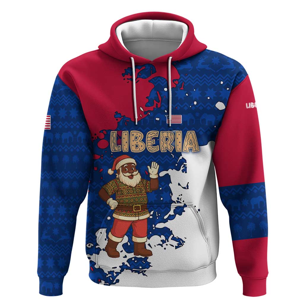 Liberia Christmas Zip Hoodie with Santa Claus Map Graphic and Red Blue Festive - Wonder Print Shop