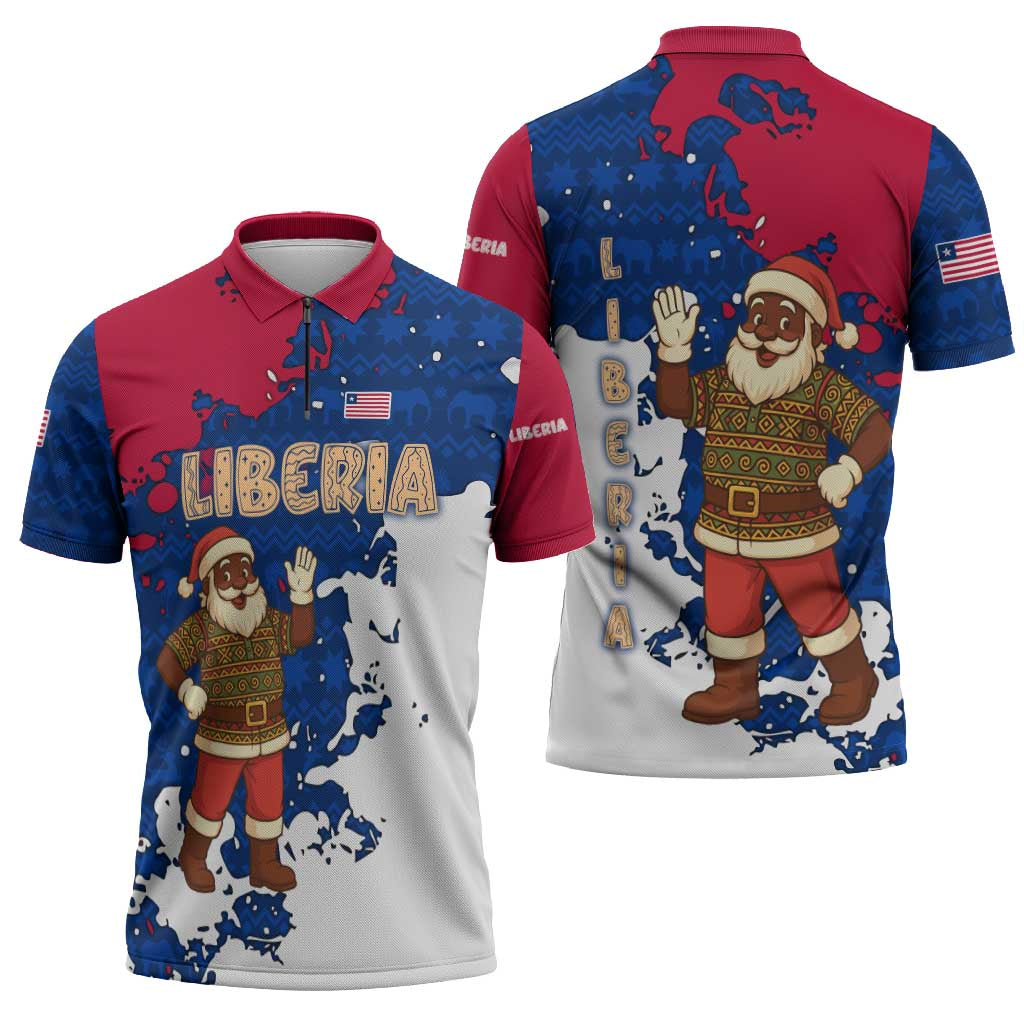 Liberia Christmas Zipper Polo Shirt with Santa Claus Map Graphic and Red Blue Festive - Wonder Print Shop