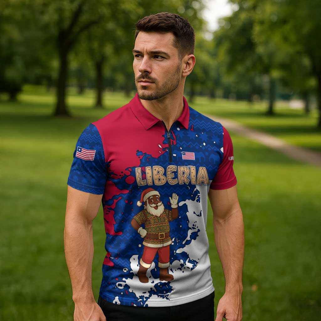 Liberia Christmas Zipper Polo Shirt with Santa Claus Map Graphic and Red Blue Festive - Wonder Print Shop