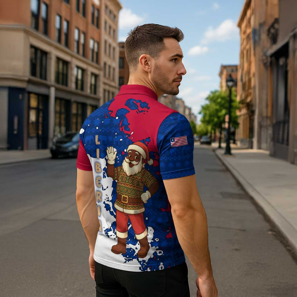 Liberia Christmas Zipper Polo Shirt with Santa Claus Map Graphic and Red Blue Festive - Wonder Print Shop