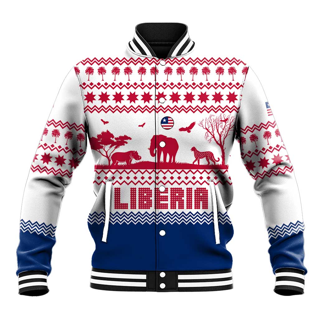 Liberia Christmas Baseball Jacket with Red Wildlife Silhouettes and White Blue Holiday - Wonder Print Shop