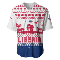 Liberia Christmas Baseball Jersey with Red Wildlife Silhouettes and White Blue Holiday - Wonder Print Shop