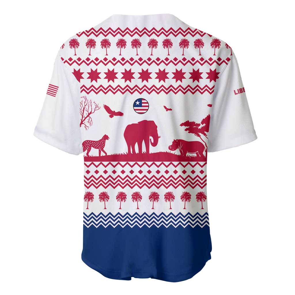 Liberia Christmas Baseball Jersey with Red Wildlife Silhouettes and White Blue Holiday - Wonder Print Shop