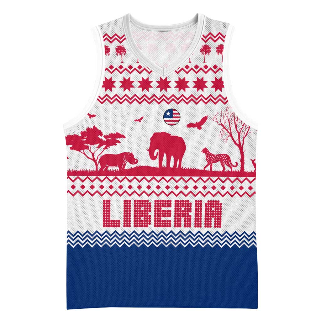 Liberia Christmas Basketball Jersey with Red Wildlife Silhouettes and White Blue Holiday - Wonder Print Shop