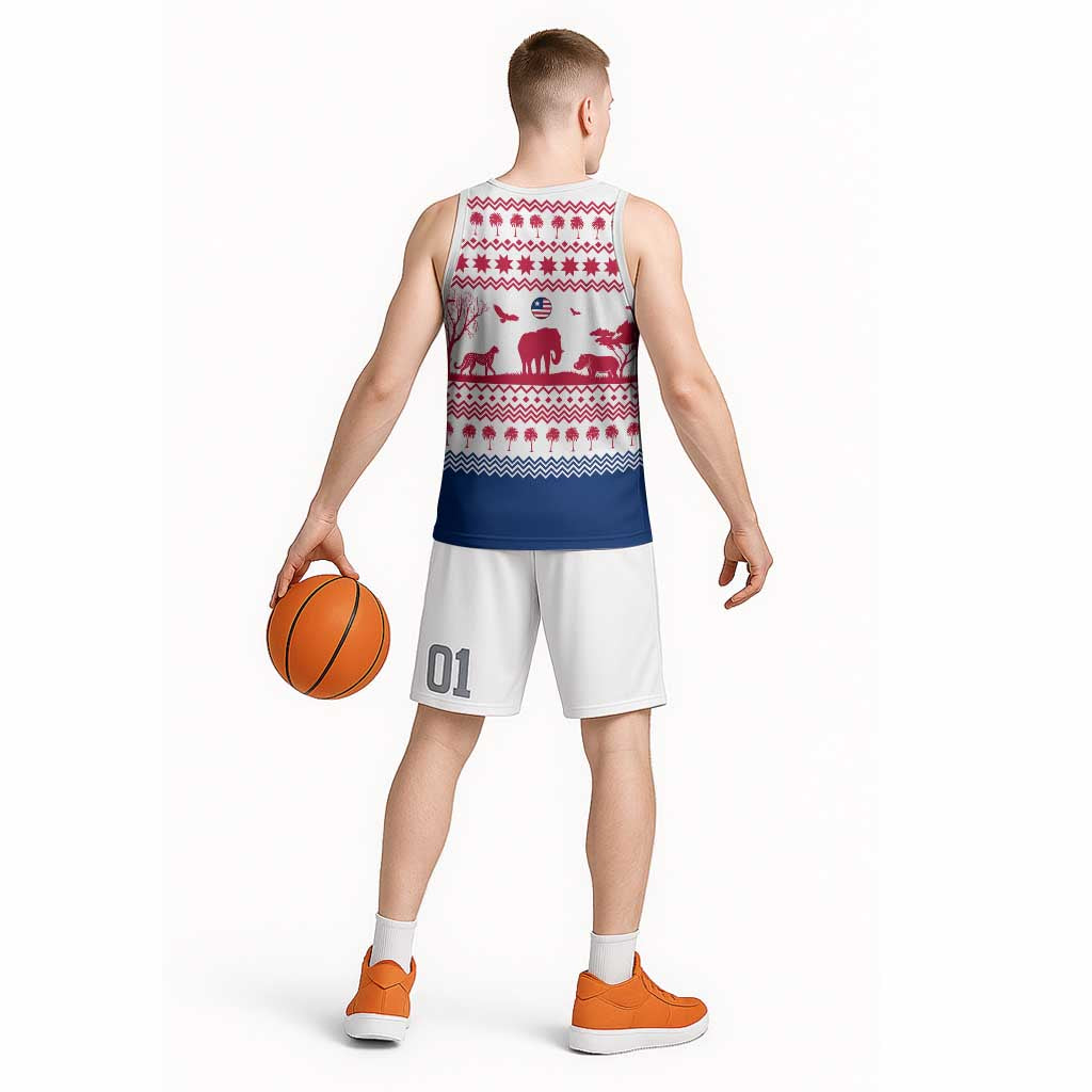 Liberia Christmas Basketball Jersey with Red Wildlife Silhouettes and White Blue Holiday - Wonder Print Shop