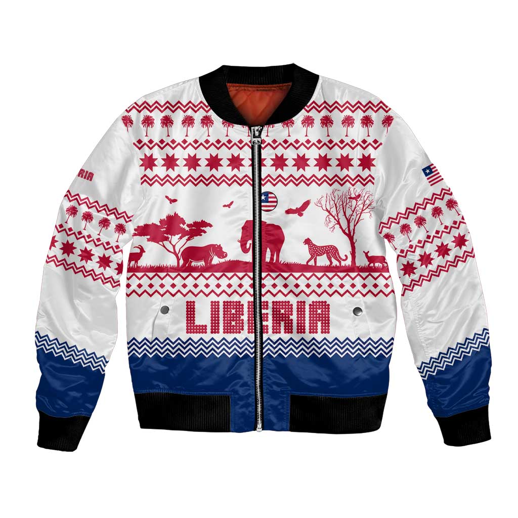 Liberia Christmas Bomber Jacket with Red Wildlife Silhouettes and White Blue Holiday - Wonder Print Shop