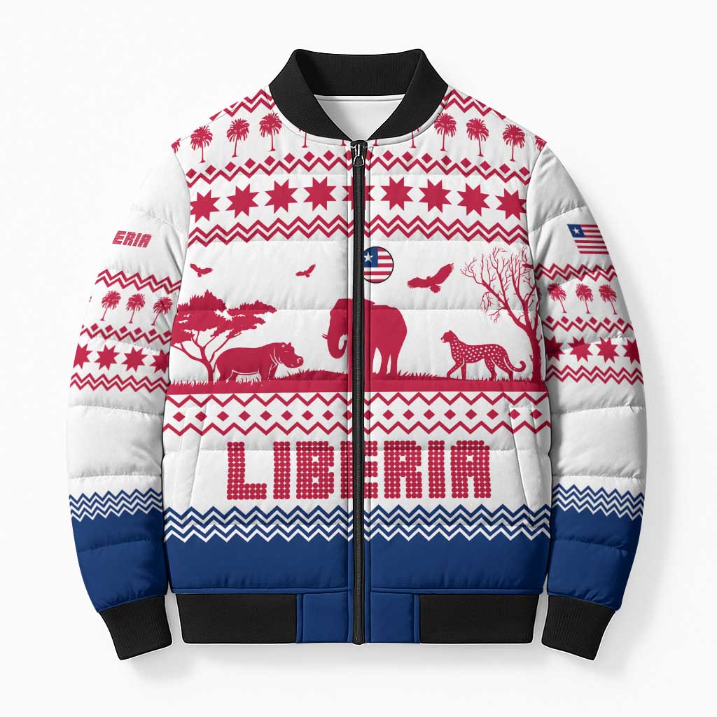 Liberia Christmas Bomber Puffer Jacket with Red Wildlife Silhouettes and White Blue Holiday - Wonder Print Shop
