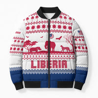 Liberia Christmas Bomber Puffer Jacket with Red Wildlife Silhouettes and White Blue Holiday - Wonder Print Shop