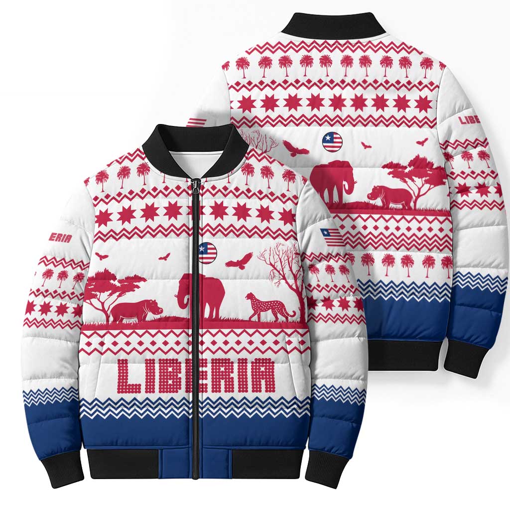 Liberia Christmas Bomber Puffer Jacket with Red Wildlife Silhouettes and White Blue Holiday - Wonder Print Shop