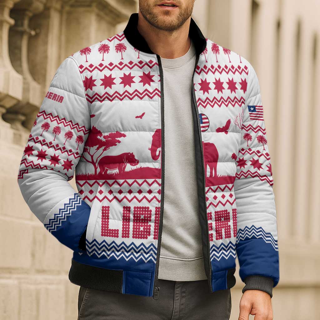 Liberia Christmas Bomber Puffer Jacket with Red Wildlife Silhouettes and White Blue Holiday - Wonder Print Shop