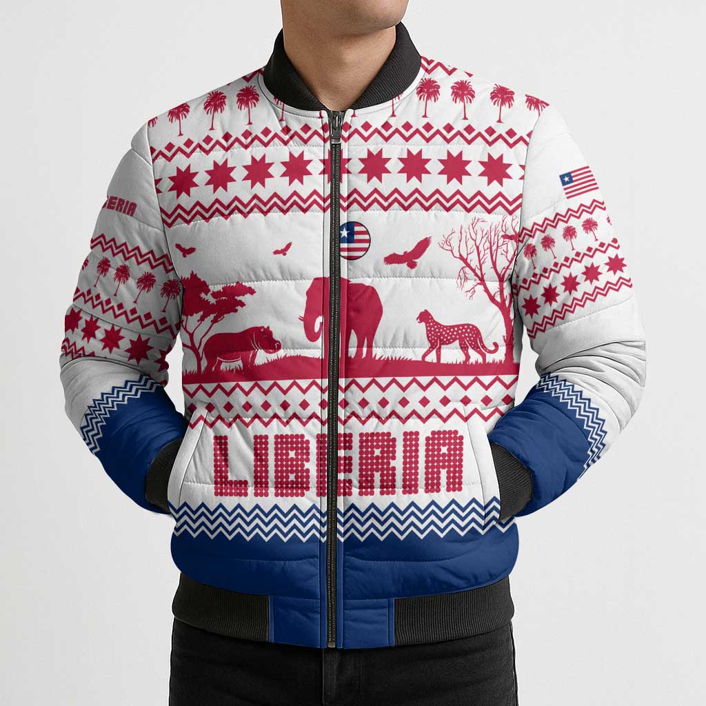 Liberia Christmas Bomber Puffer Jacket with Red Wildlife Silhouettes and White Blue Holiday - Wonder Print Shop