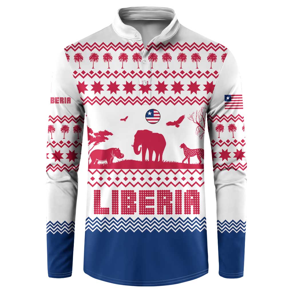 Liberia Christmas Button Sweatshirt with Red Wildlife Silhouettes and White Blue Holiday - Wonder Print Shop