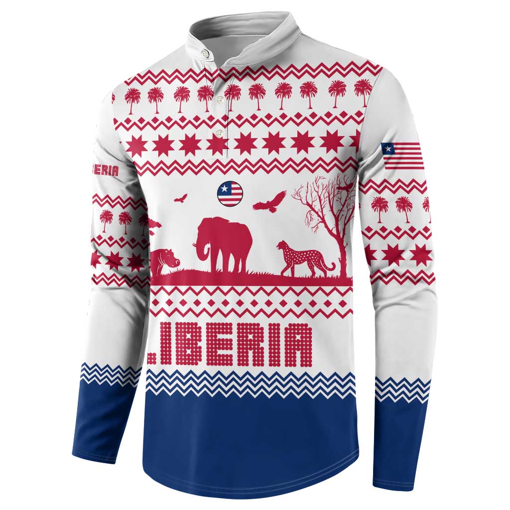 Liberia Christmas Button Sweatshirt with Red Wildlife Silhouettes and White Blue Holiday - Wonder Print Shop