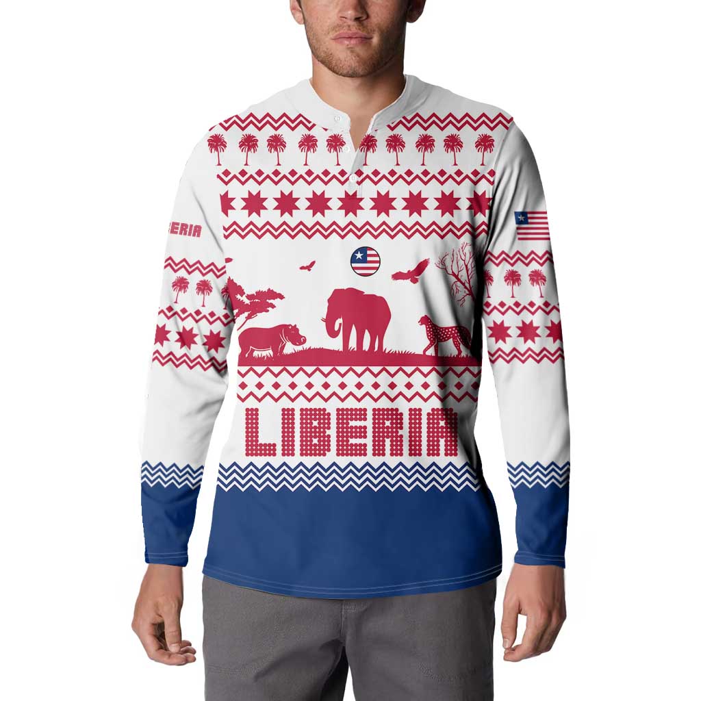 Liberia Christmas Button Sweatshirt with Red Wildlife Silhouettes and White Blue Holiday - Wonder Print Shop