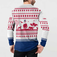 Liberia Christmas Button Sweatshirt with Red Wildlife Silhouettes and White Blue Holiday - Wonder Print Shop