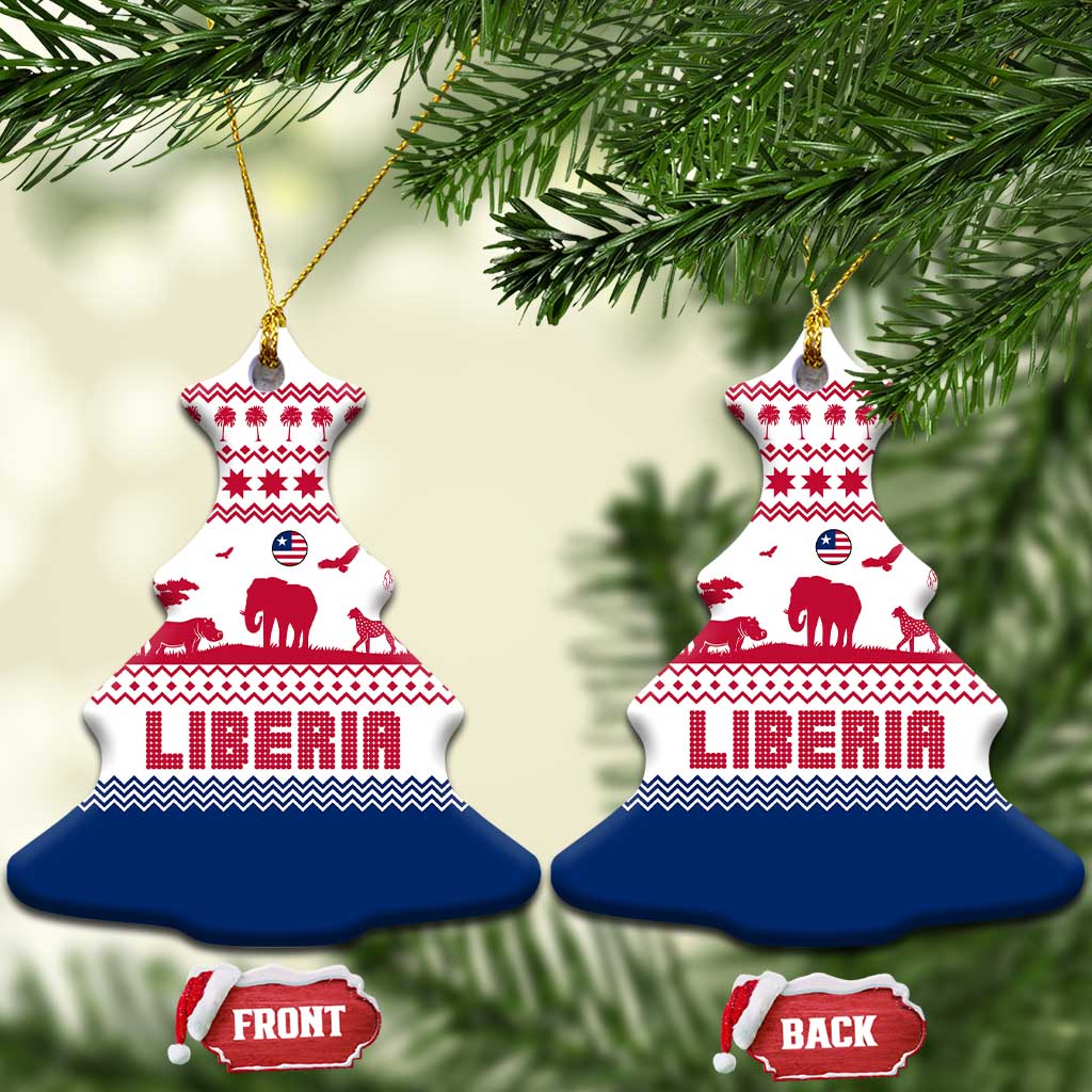 Liberia Christmas Ceramic Ornament with Red Wildlife Silhouettes and White Blue Holiday - Wonder Print Shop