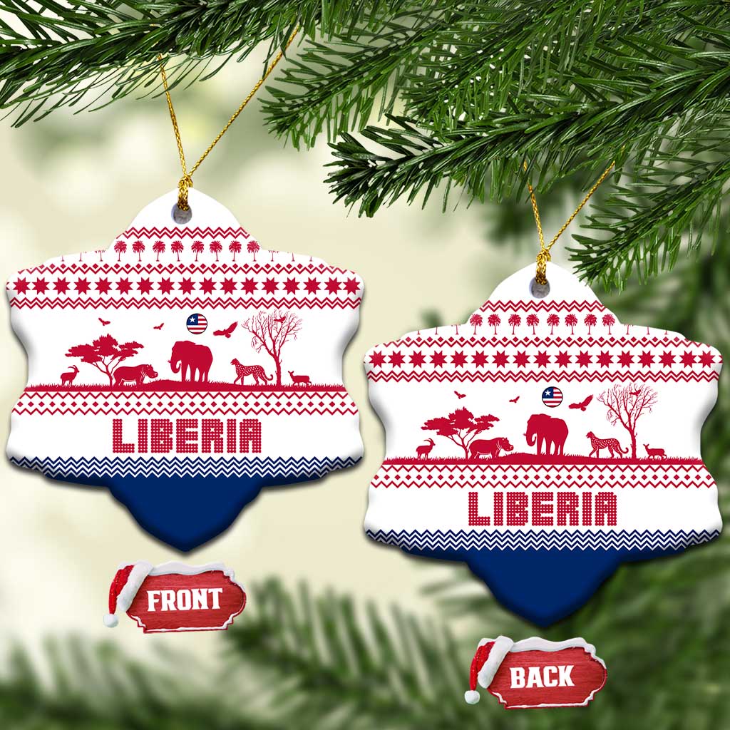 Liberia Christmas Ceramic Ornament with Red Wildlife Silhouettes and White Blue Holiday - Wonder Print Shop