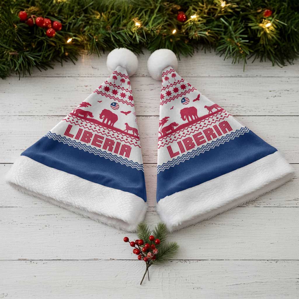 Liberia Christmas Santa Hat with Red Wildlife Silhouettes and White Blue Holiday - Wonder Print Shop