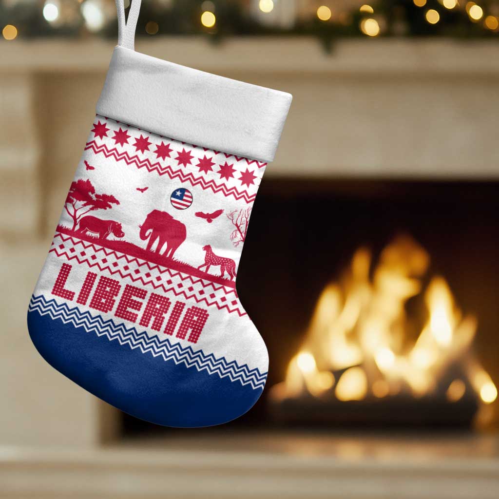 Liberia Christmas Stocking with Red Wildlife Silhouettes and White Blue Holiday - Wonder Print Shop