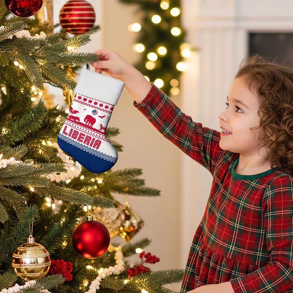 Liberia Christmas Stocking with Red Wildlife Silhouettes and White Blue Holiday - Wonder Print Shop