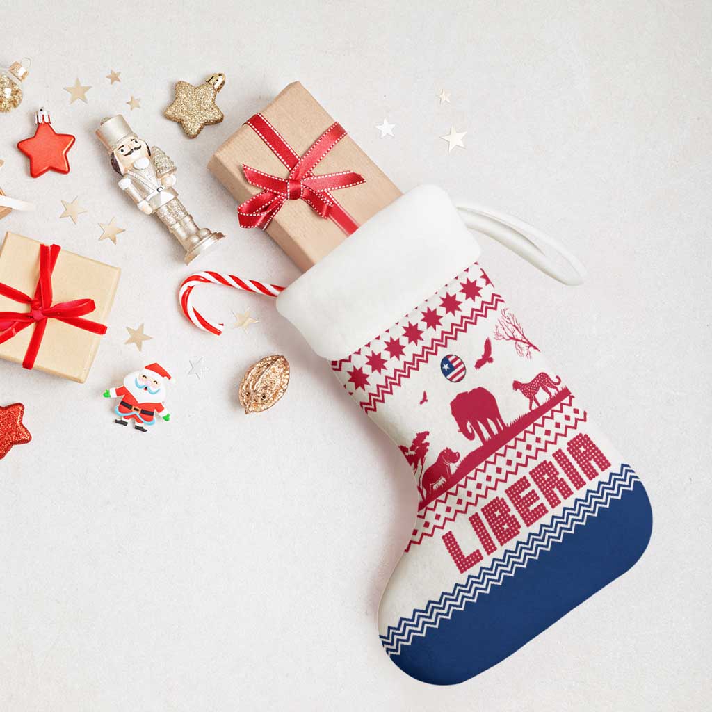 Liberia Christmas Stocking with Red Wildlife Silhouettes and White Blue Holiday - Wonder Print Shop
