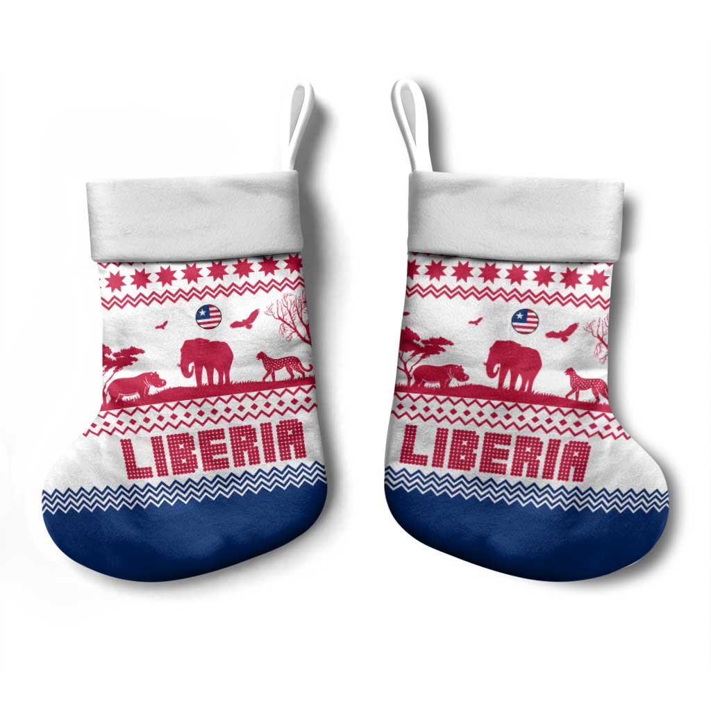 Liberia Christmas Stocking with Red Wildlife Silhouettes and White Blue Holiday - Wonder Print Shop