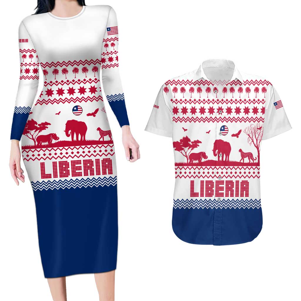 Liberia Christmas Couples Matching Long Sleeve Bodycon Dress and Hawaiian Shirt with Red Wildlife Silhouettes and White Blue Holiday - Wonder Print Shop