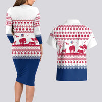Liberia Christmas Couples Matching Long Sleeve Bodycon Dress and Hawaiian Shirt with Red Wildlife Silhouettes and White Blue Holiday - Wonder Print Shop