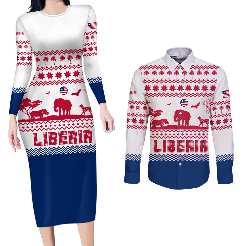 Liberia Christmas Couples Matching Long Sleeve Bodycon Dress and Long Sleeve Button Shirt with Red Wildlife Silhouettes and White Blue Holiday - Wonder Print Shop