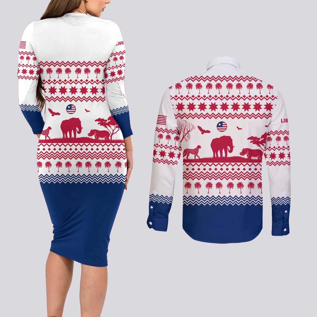 Liberia Christmas Couples Matching Long Sleeve Bodycon Dress and Long Sleeve Button Shirt with Red Wildlife Silhouettes and White Blue Holiday - Wonder Print Shop