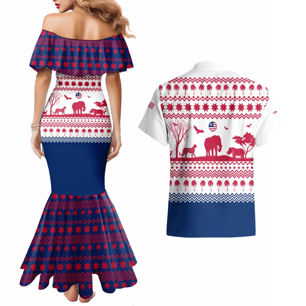 Liberia Christmas Couples Matching Mermaid Dress and Hawaiian Shirt with Red Wildlife Silhouettes and White Blue Holiday - Wonder Print Shop