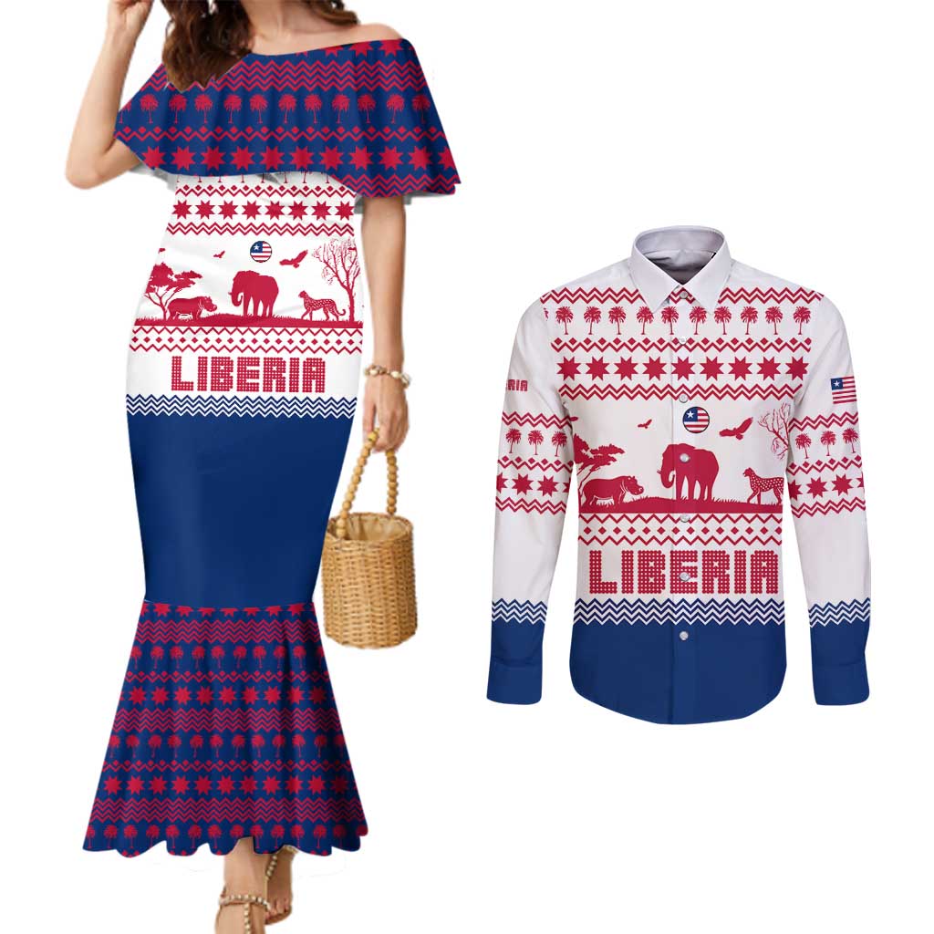 Liberia Christmas Couples Matching Mermaid Dress and Long Sleeve Button Shirt with Red Wildlife Silhouettes and White Blue Holiday - Wonder Print Shop