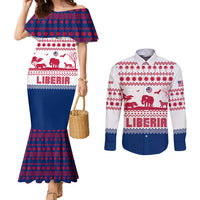 Liberia Christmas Couples Matching Mermaid Dress and Long Sleeve Button Shirt with Red Wildlife Silhouettes and White Blue Holiday - Wonder Print Shop