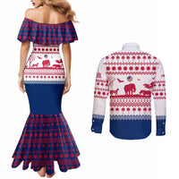 Liberia Christmas Couples Matching Mermaid Dress and Long Sleeve Button Shirt with Red Wildlife Silhouettes and White Blue Holiday - Wonder Print Shop