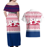 Liberia Christmas Couples Matching Off Shoulder Maxi Dress and Hawaiian Shirt with Red Wildlife Silhouettes and White Blue Holiday - Wonder Print Shop