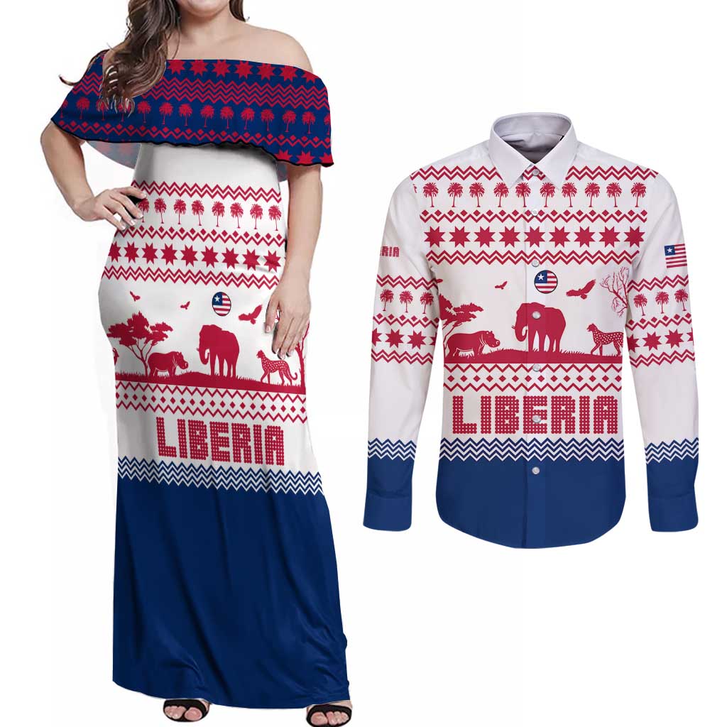 Liberia Christmas Couples Matching Off Shoulder Maxi Dress and Long Sleeve Button Shirt with Red Wildlife Silhouettes and White Blue Holiday - Wonder Print Shop