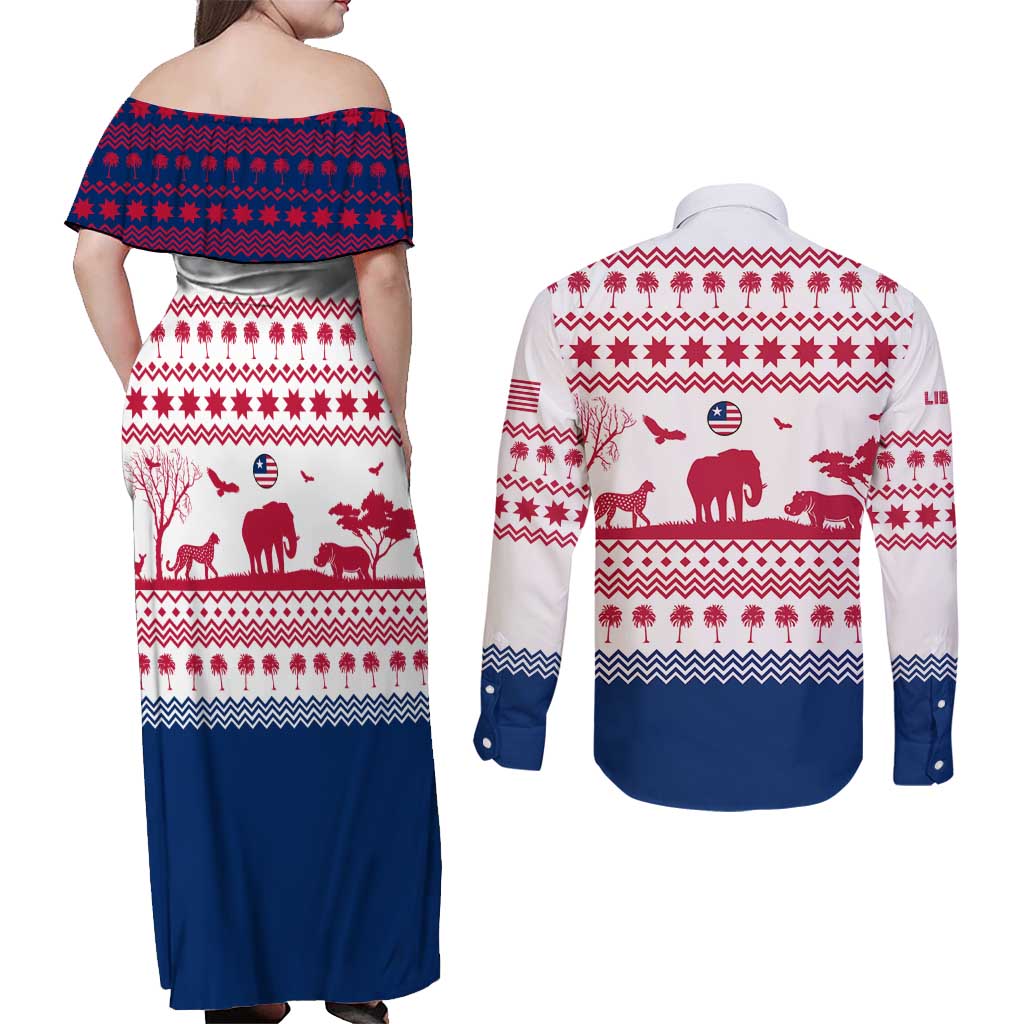 Liberia Christmas Couples Matching Off Shoulder Maxi Dress and Long Sleeve Button Shirt with Red Wildlife Silhouettes and White Blue Holiday - Wonder Print Shop