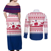 Liberia Christmas Couples Matching Off Shoulder Maxi Dress and Long Sleeve Button Shirt with Red Wildlife Silhouettes and White Blue Holiday - Wonder Print Shop