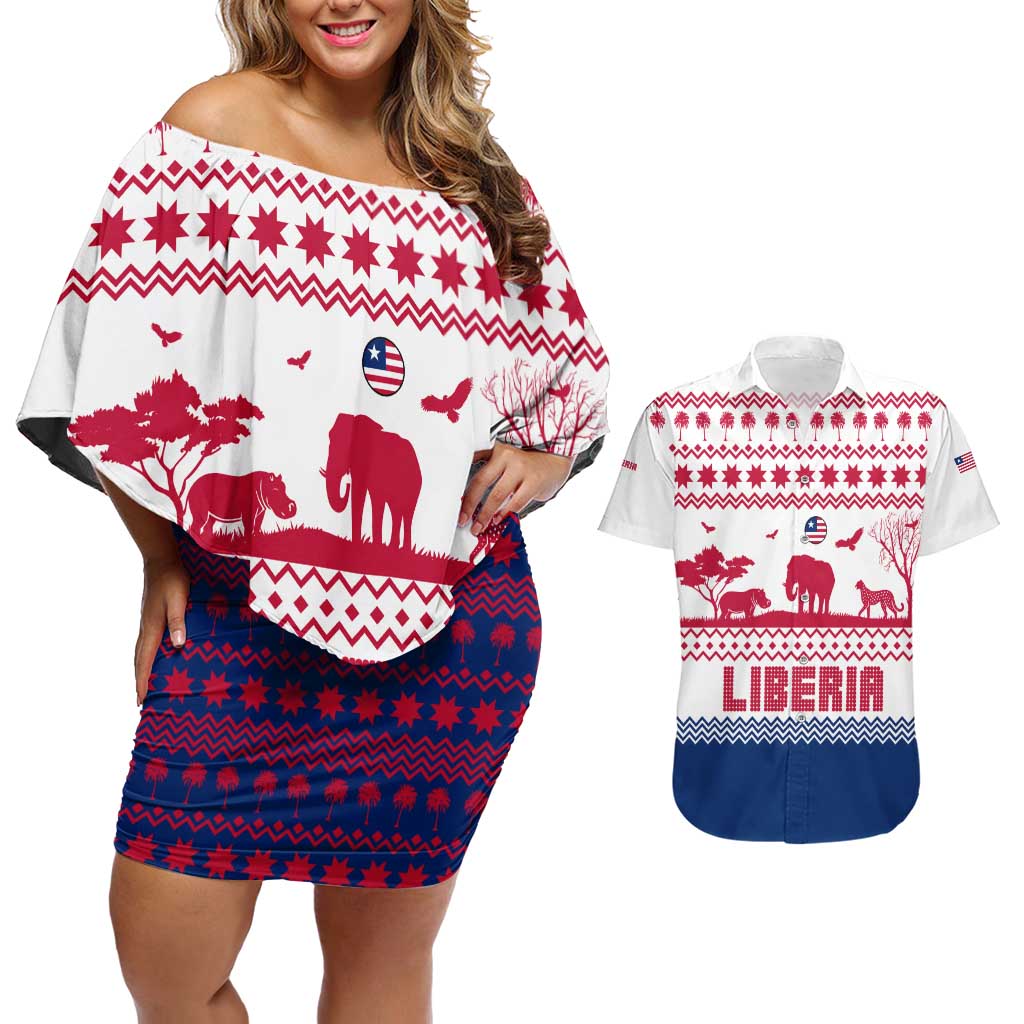 Liberia Christmas Couples Matching Off Shoulder Short Dress and Hawaiian Shirt with Red Wildlife Silhouettes and White Blue Holiday - Wonder Print Shop