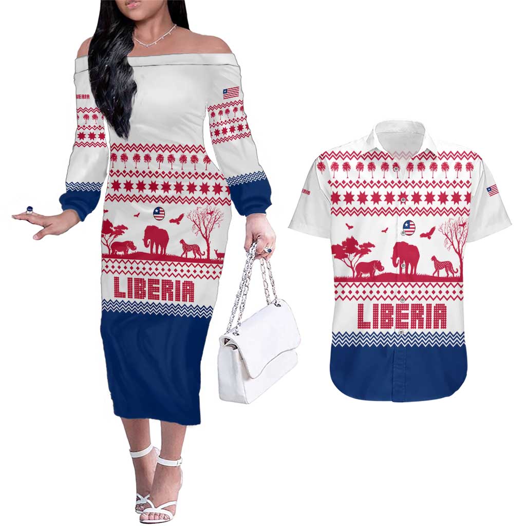 Liberia Christmas Couples Matching Off The Shoulder Long Sleeve Dress and Hawaiian Shirt with Red Wildlife Silhouettes and White Blue Holiday - Wonder Print Shop