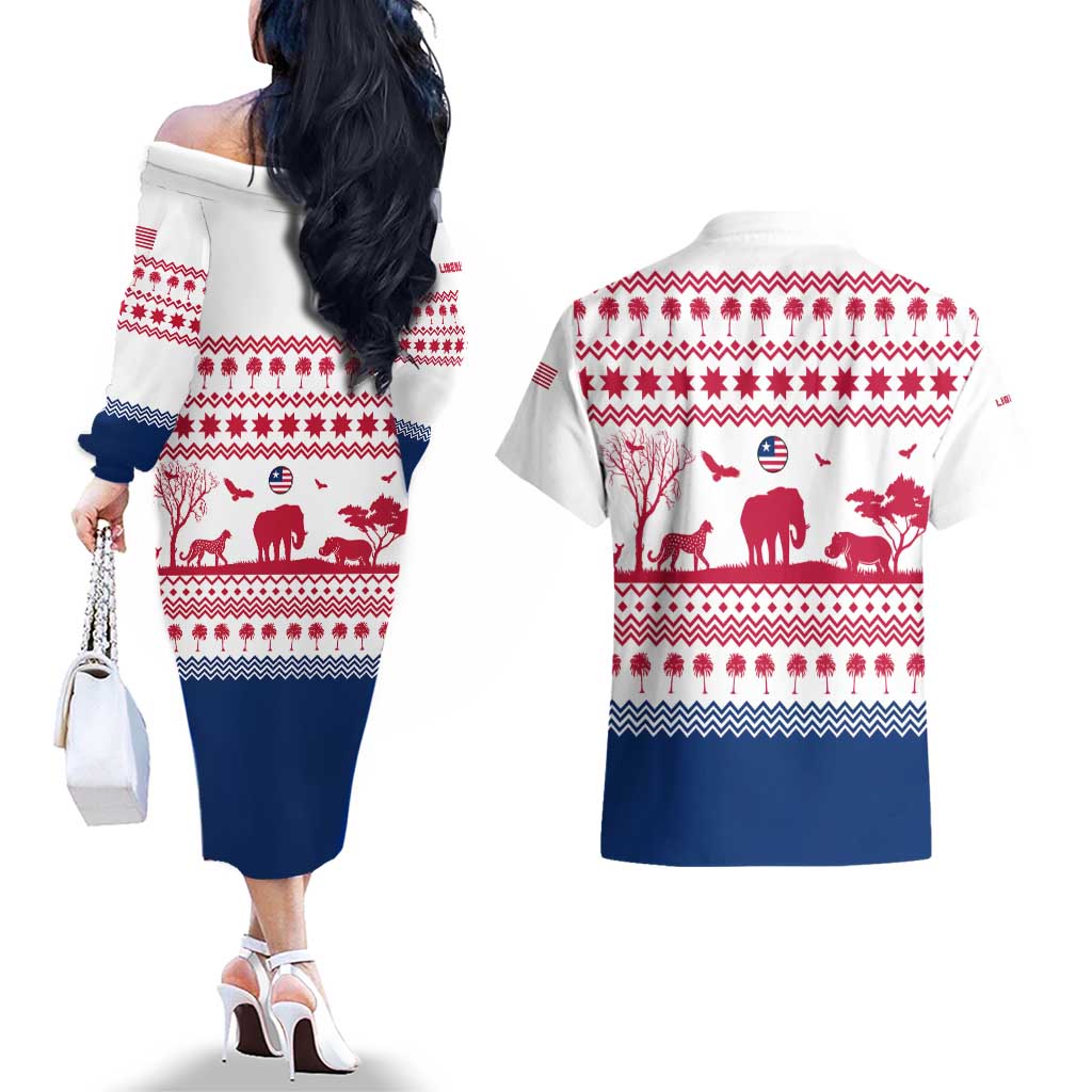 Liberia Christmas Couples Matching Off The Shoulder Long Sleeve Dress and Hawaiian Shirt with Red Wildlife Silhouettes and White Blue Holiday - Wonder Print Shop
