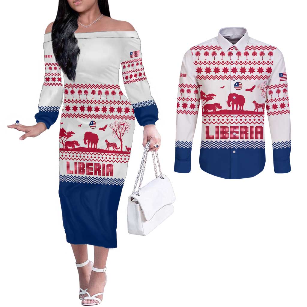 Liberia Christmas Couples Matching Off The Shoulder Long Sleeve Dress and Long Sleeve Button Shirt with Red Wildlife Silhouettes and White Blue Holiday - Wonder Print Shop