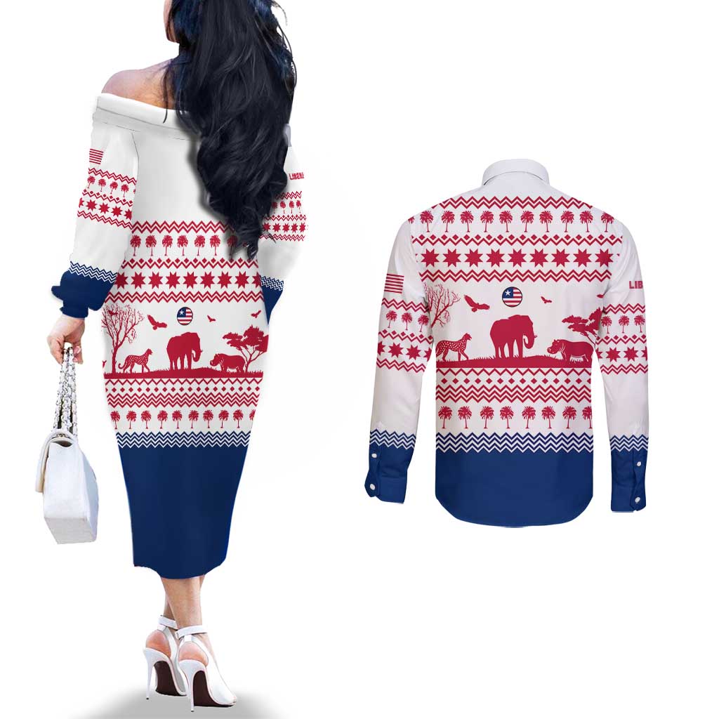 Liberia Christmas Couples Matching Off The Shoulder Long Sleeve Dress and Long Sleeve Button Shirt with Red Wildlife Silhouettes and White Blue Holiday - Wonder Print Shop