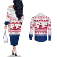 Liberia Christmas Couples Matching Off The Shoulder Long Sleeve Dress and Long Sleeve Button Shirt with Red Wildlife Silhouettes and White Blue Holiday - Wonder Print Shop