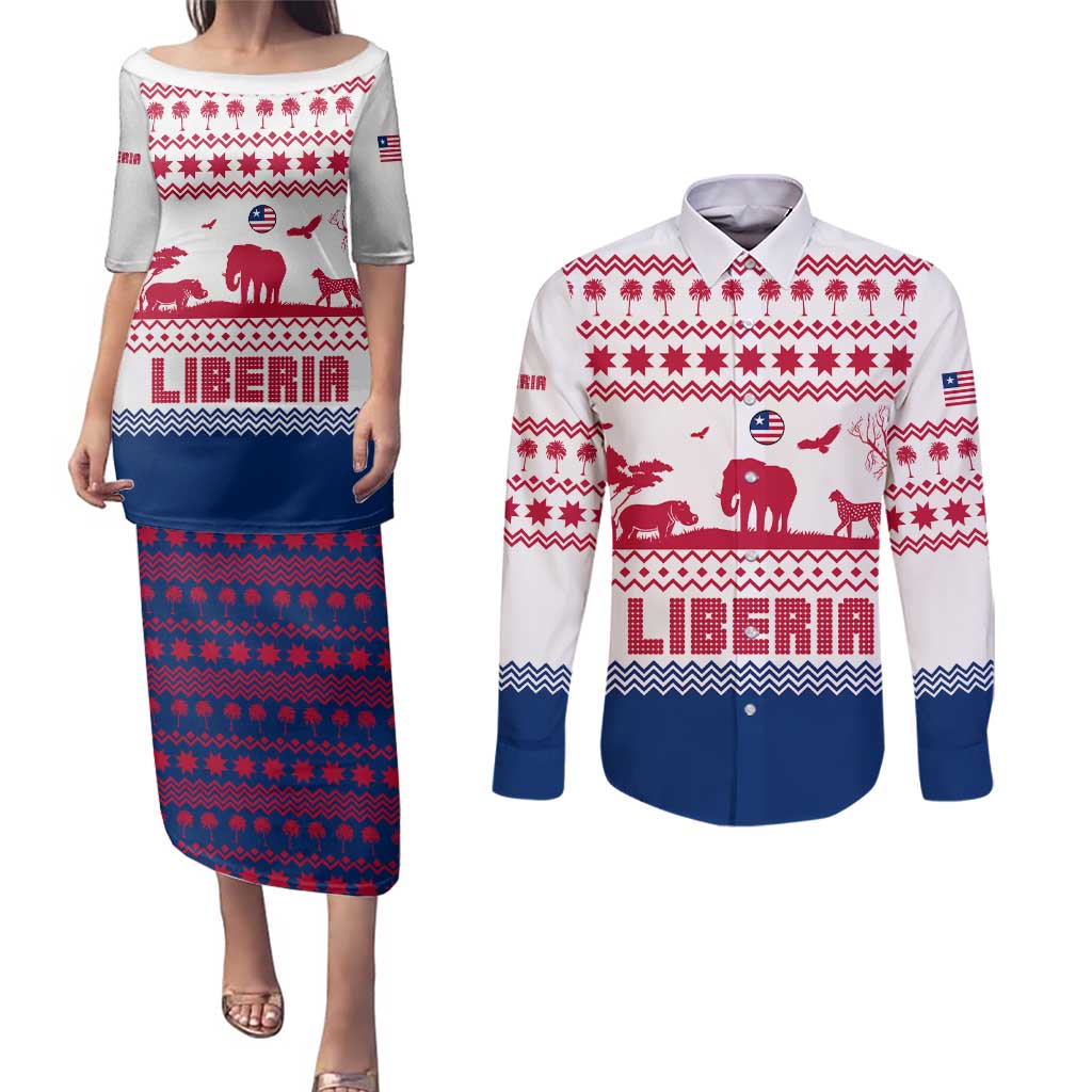Liberia Christmas Couples Matching Puletasi and Long Sleeve Button Shirt with Red Wildlife Silhouettes and White Blue Holiday - Wonder Print Shop