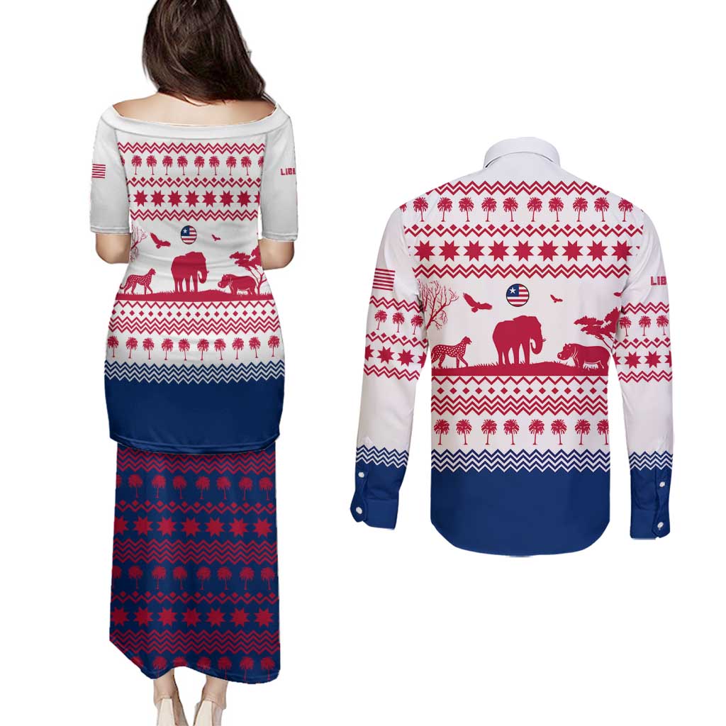 Liberia Christmas Couples Matching Puletasi and Long Sleeve Button Shirt with Red Wildlife Silhouettes and White Blue Holiday - Wonder Print Shop