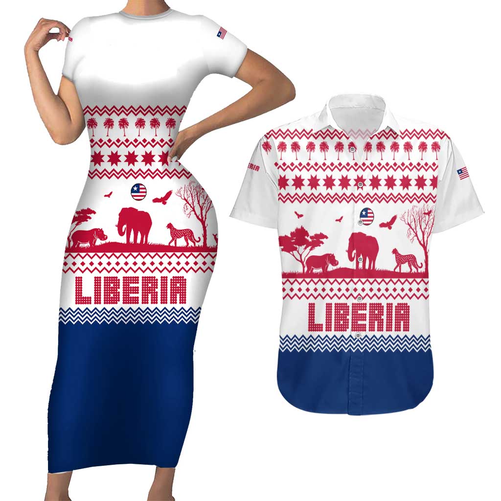 Liberia Christmas Couples Matching Short Sleeve Bodycon Dress and Hawaiian Shirt with Red Wildlife Silhouettes and White Blue Holiday - Wonder Print Shop